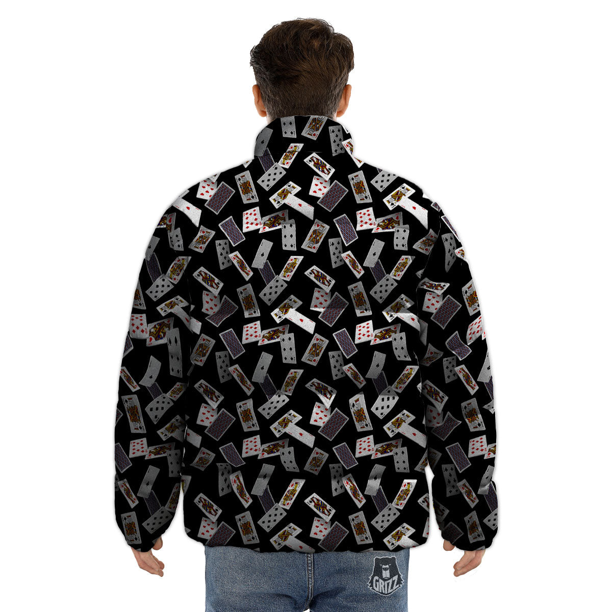 Flying Playing Cards Print Puffer Jacket-grizzshop