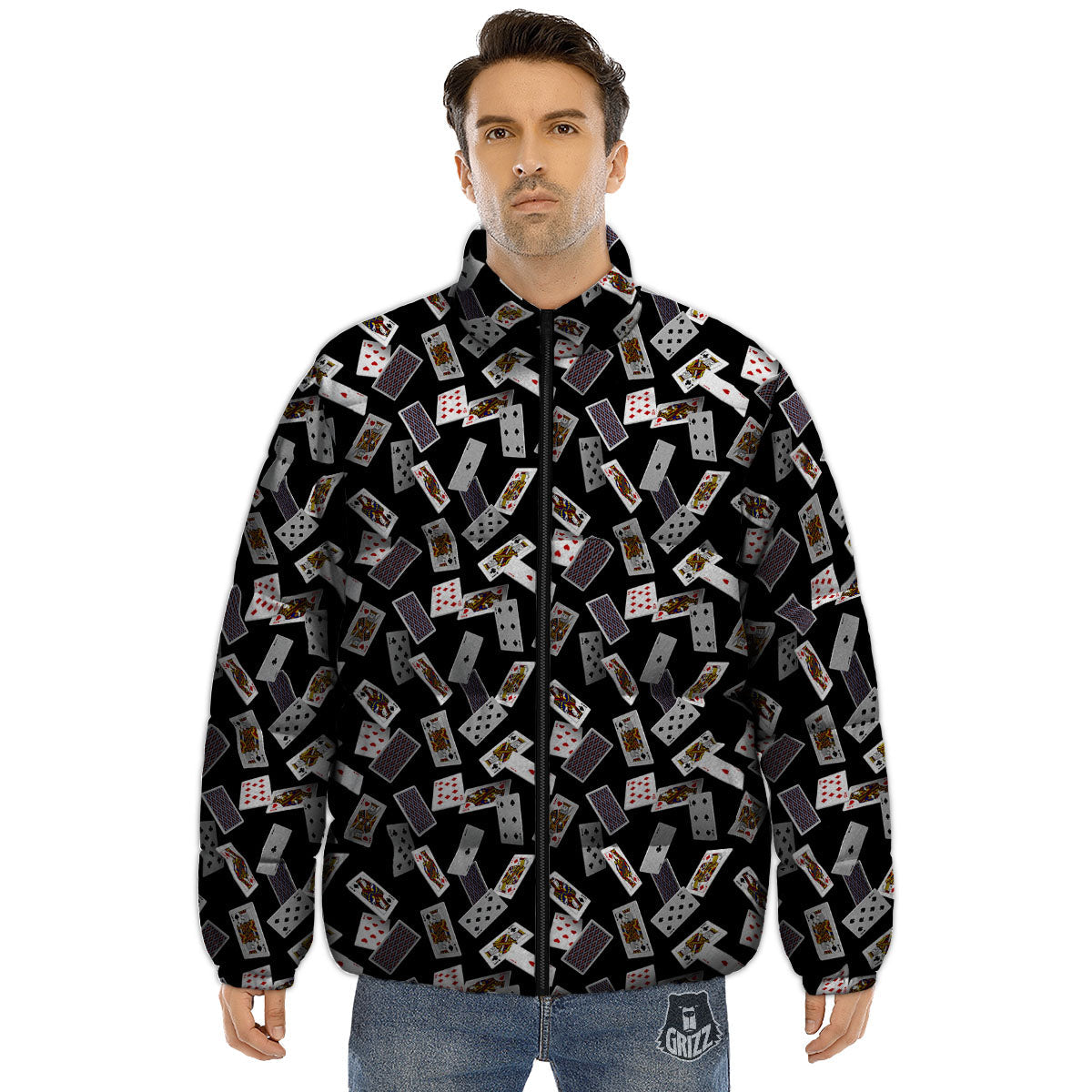 Flying Playing Cards Print Puffer Jacket-grizzshop