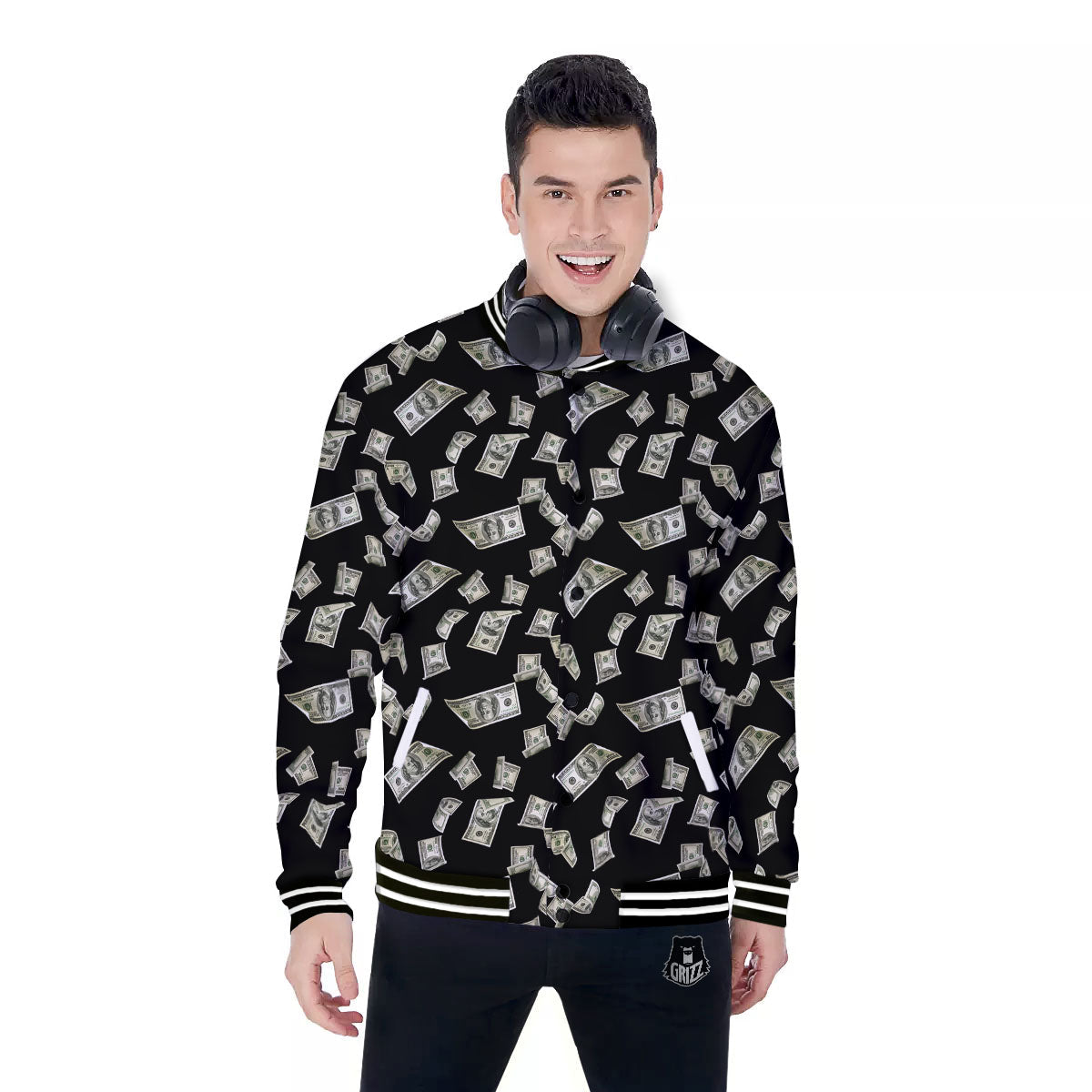 Flying US Dollar Money Print Baseball Jacket-grizzshop