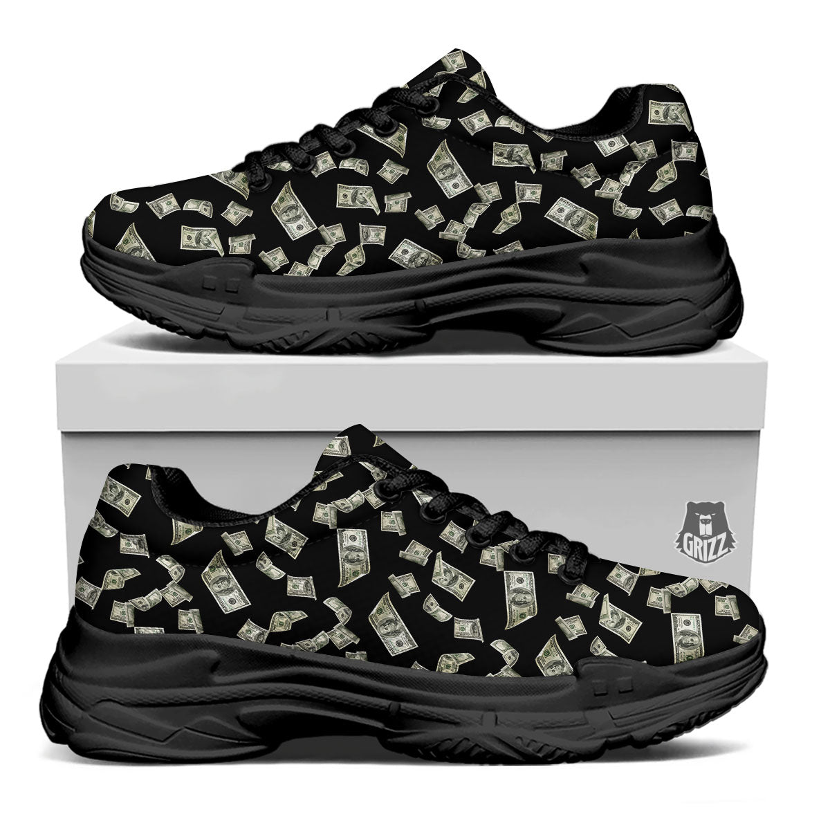Flying US Dollar Money Print Black Chunky Shoes-grizzshop