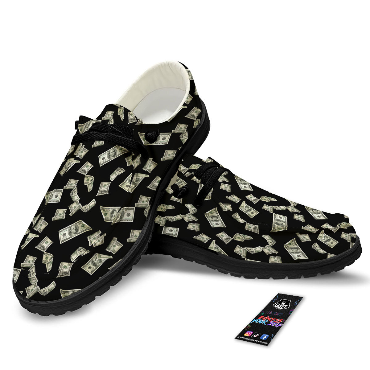 Flying US Dollar Money Print Black Loafers-grizzshop
