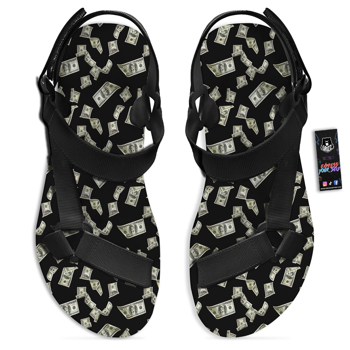Flying US Dollar Money Print Black Open Toe Sandals-grizzshop
