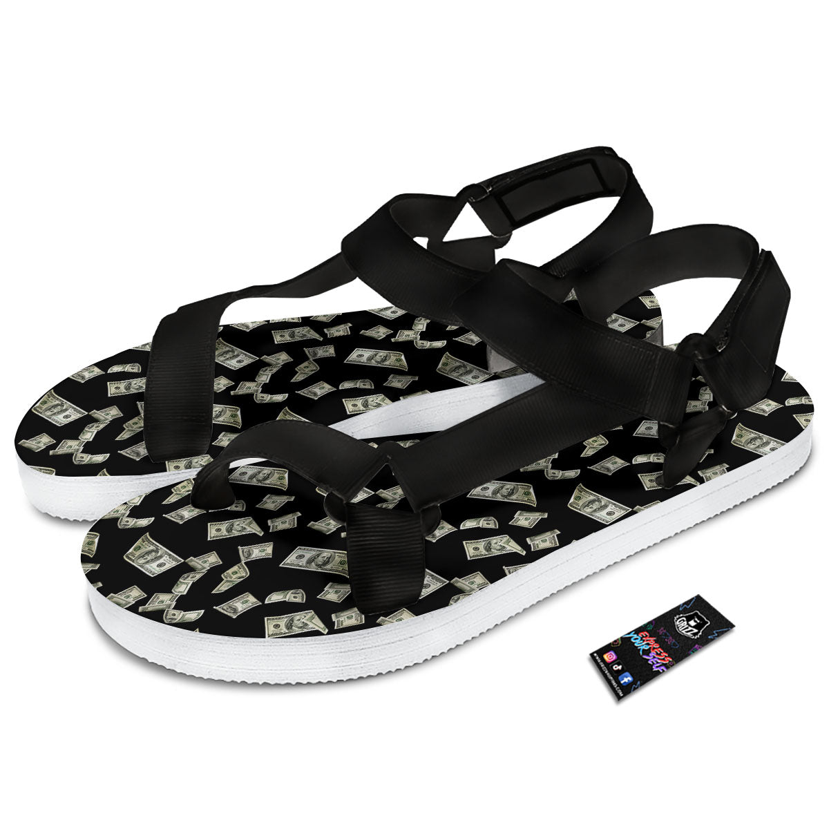 Flying US Dollar Money Print Black Open Toe Sandals-grizzshop