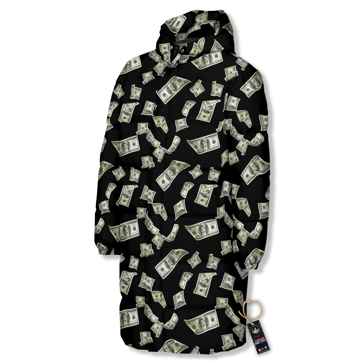 Flying US Dollar Money Print Long Down Jacket-grizzshop