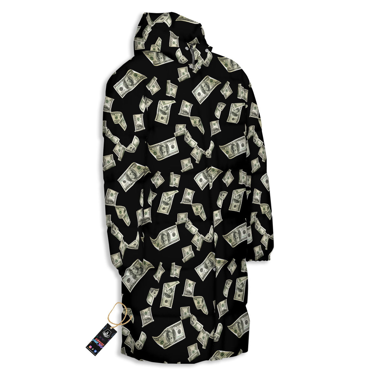 Flying US Dollar Money Print Long Down Jacket-grizzshop