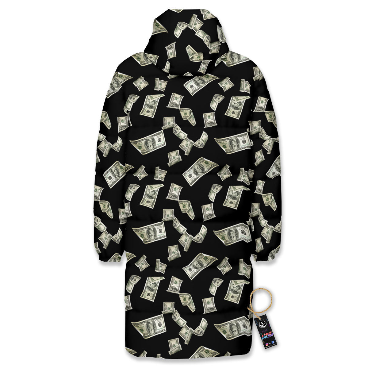 Flying US Dollar Money Print Long Down Jacket-grizzshop
