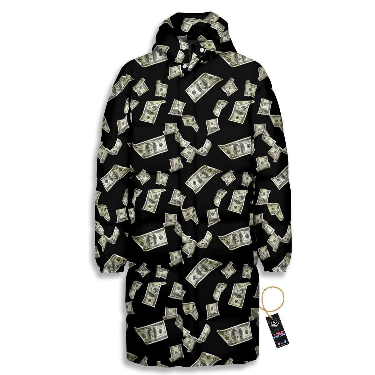 Flying US Dollar Money Print Long Down Jacket-grizzshop