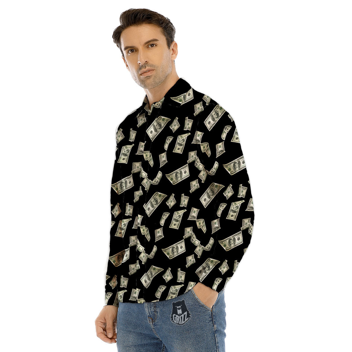 Flying US Dollar Money Print Men's Dress Shirts-grizzshop