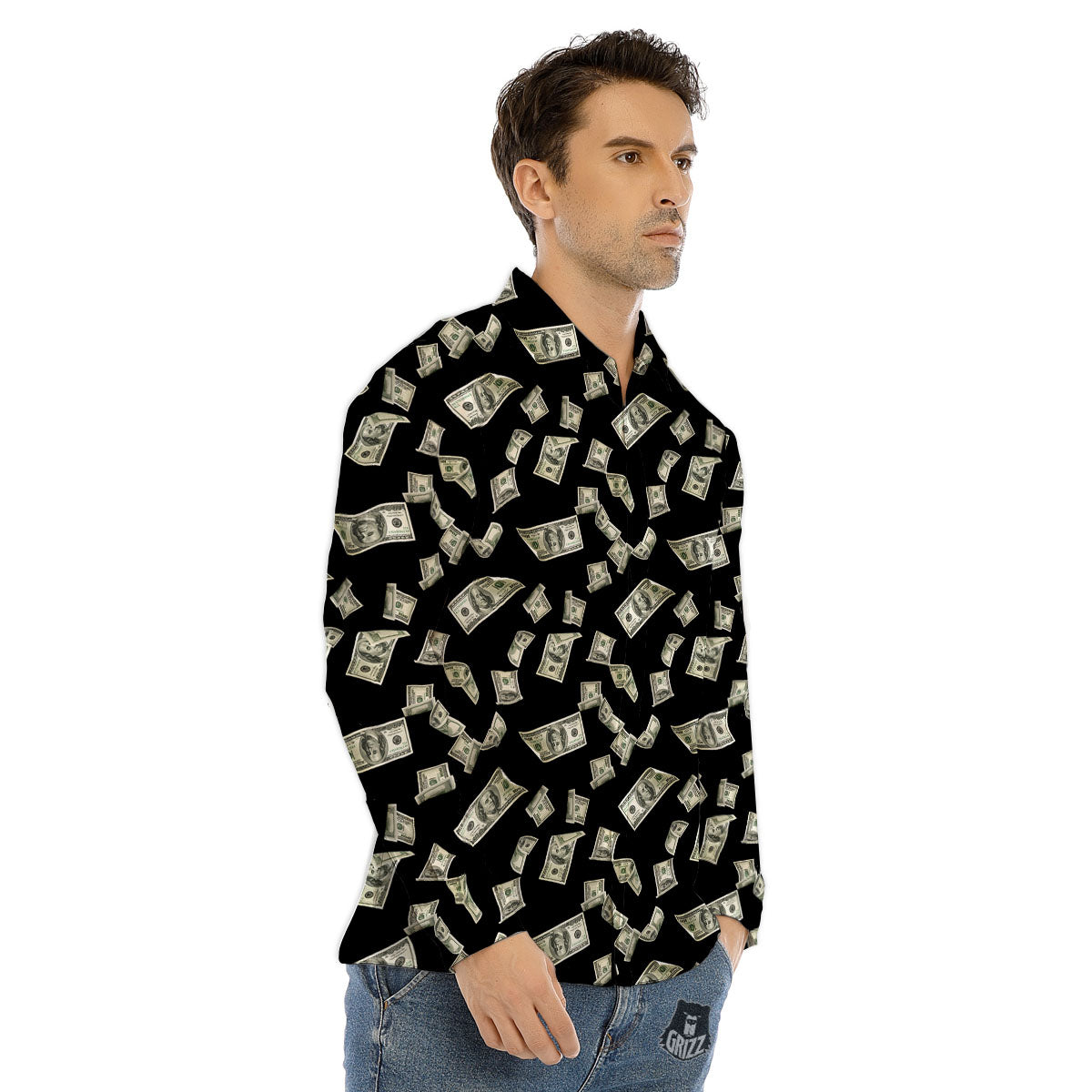 Flying US Dollar Money Print Men's Dress Shirts-grizzshop