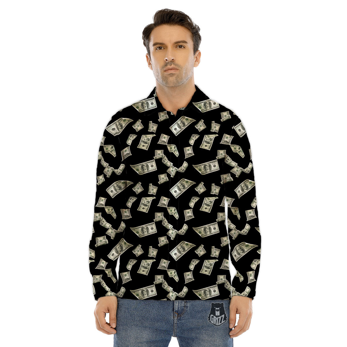 Flying US Dollar Money Print Men's Dress Shirts-grizzshop