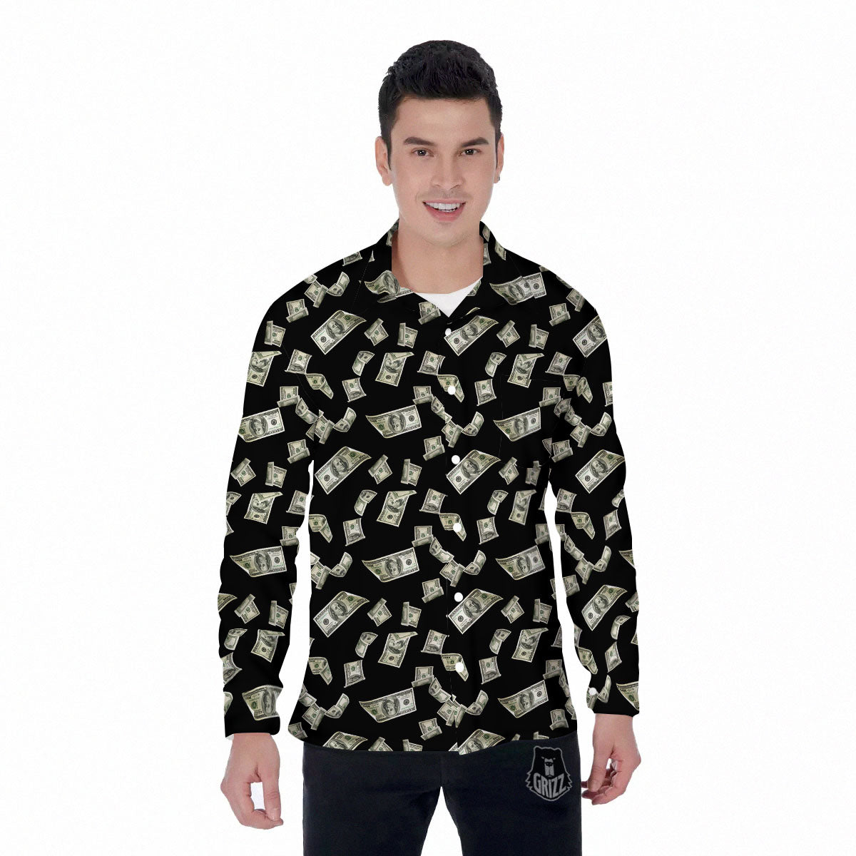 Flying US Dollar Money Print Men's Long Sleeve Shirts-grizzshop