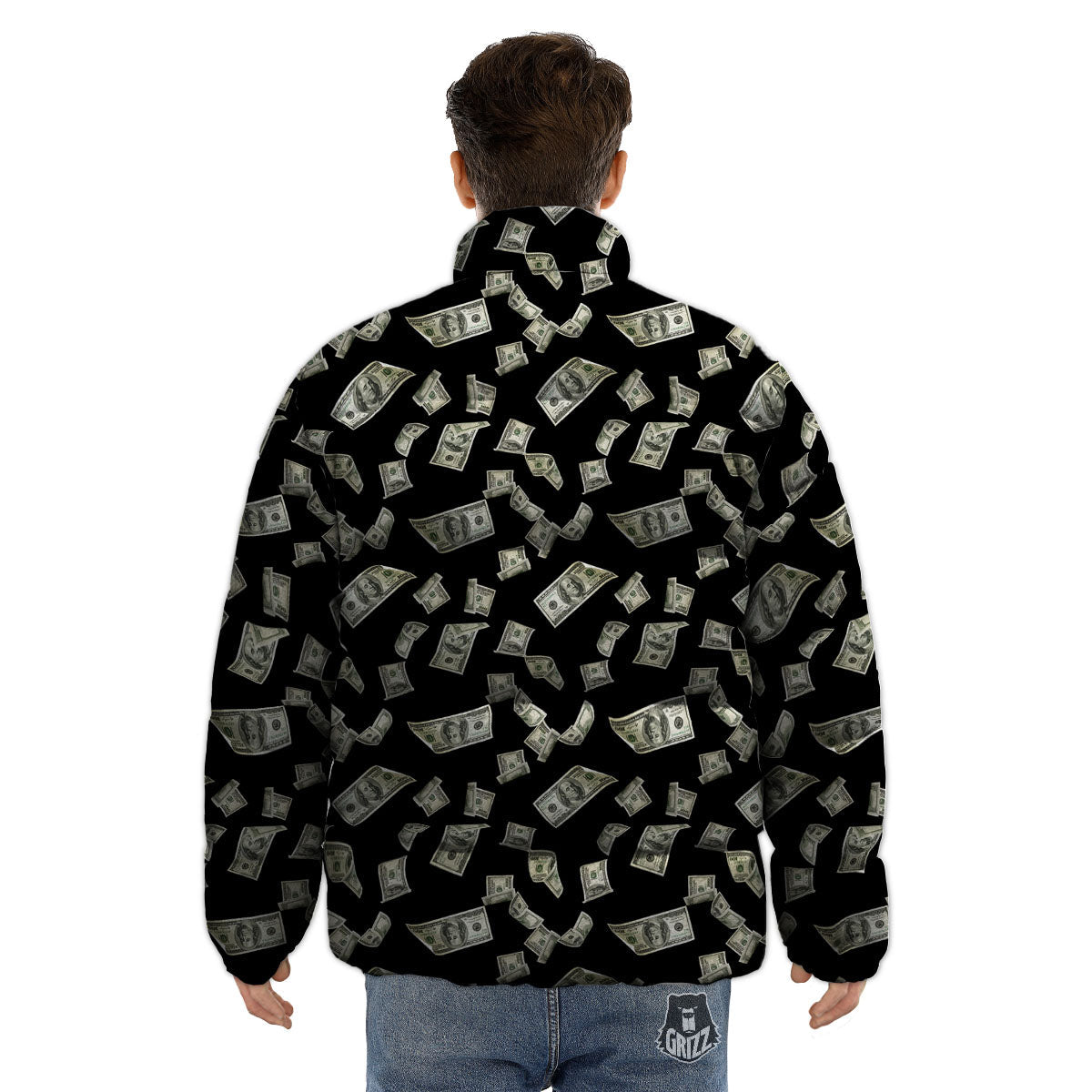 Flying US Dollar Money Print Puffer Jacket-grizzshop