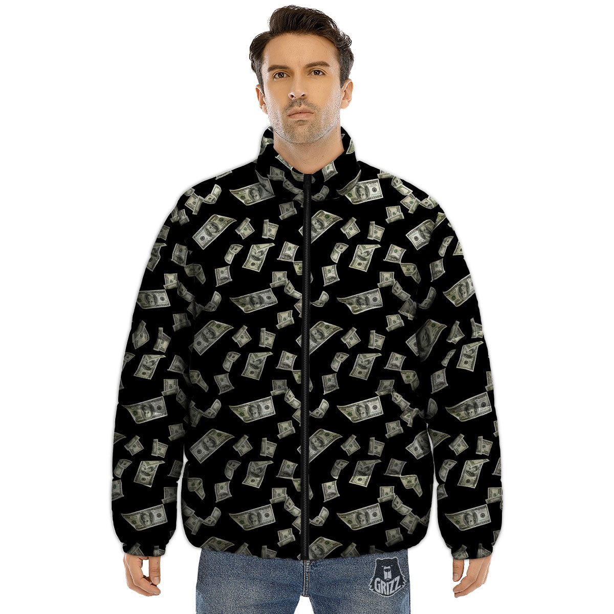 Flying US Dollar Money Print Puffer Jacket-grizzshop