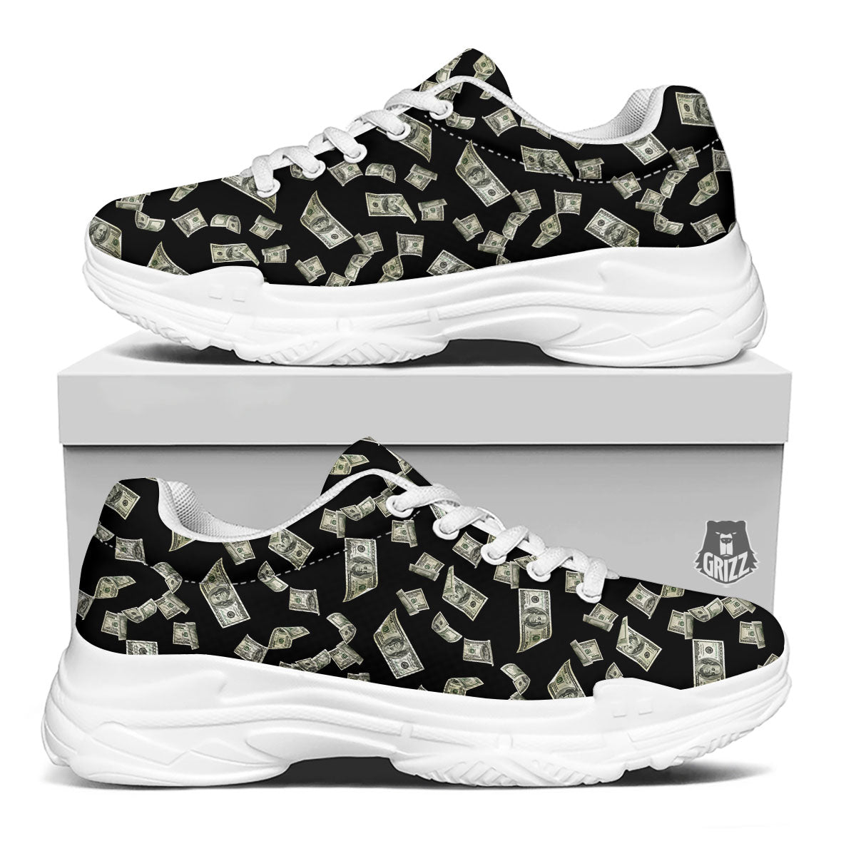 Flying US Dollar Money Print White Chunky Shoes-grizzshop