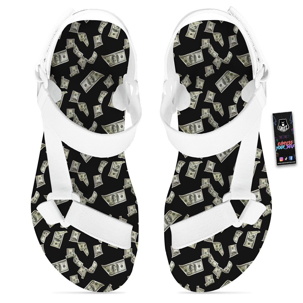Flying US Dollar Money Print White Open Toe Sandals-grizzshop
