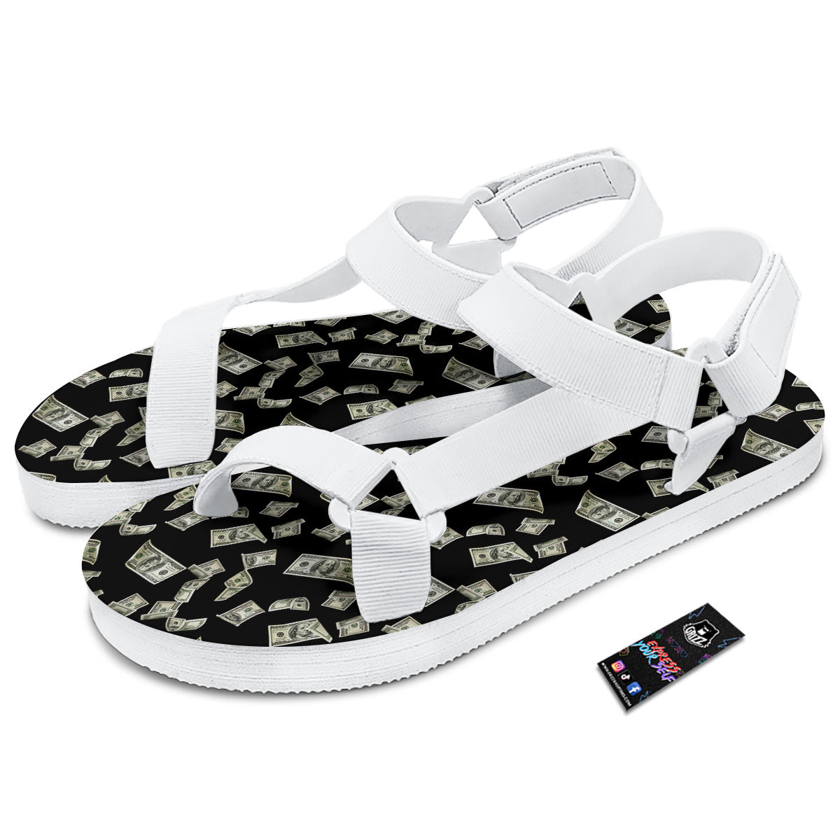 Flying US Dollar Money Print White Open Toe Sandals-grizzshop