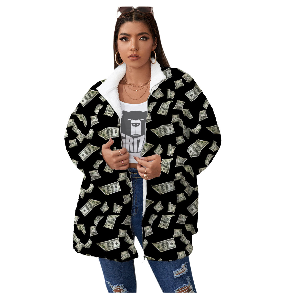 Flying US Dollar Money Print Women's Sherpa Jacket-grizzshop