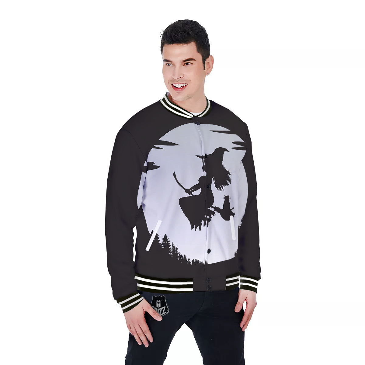 Flying Witch Cat Halloween Print Baseball Jacket-grizzshop