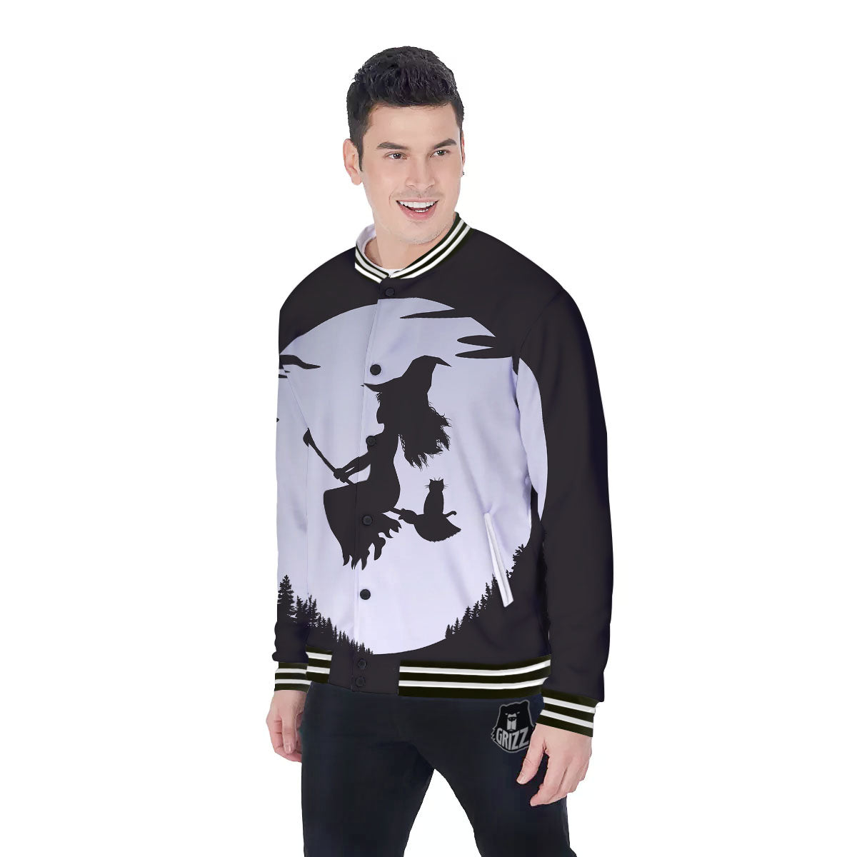 Flying Witch Cat Halloween Print Baseball Jacket-grizzshop