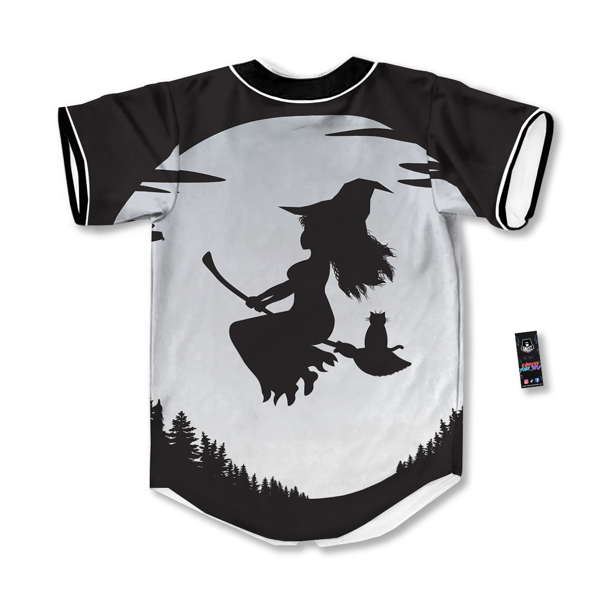 Flying Witch Cat Halloween Print Baseball Jersey-grizzshop