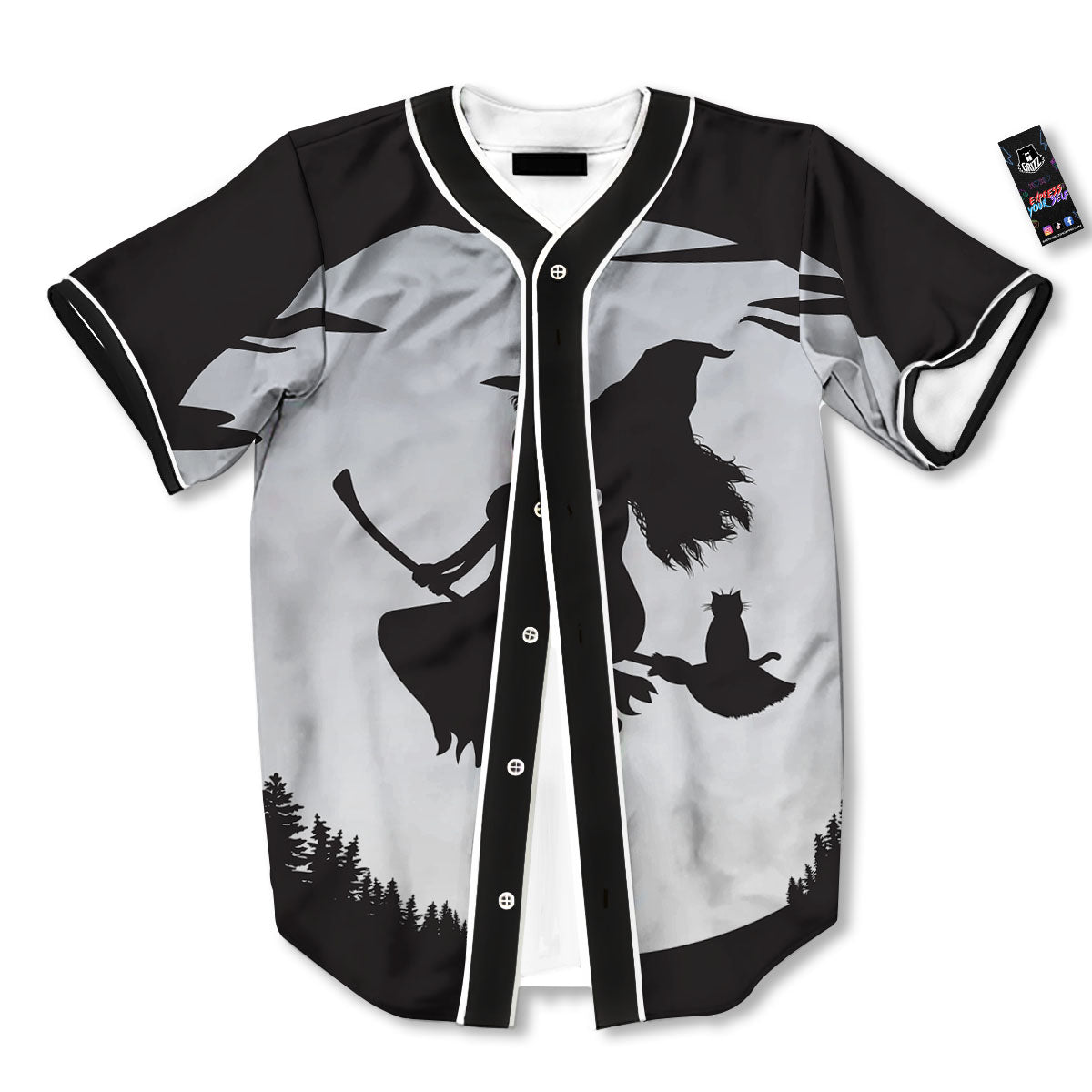 Flying Witch Cat Halloween Print Baseball Jersey-grizzshop