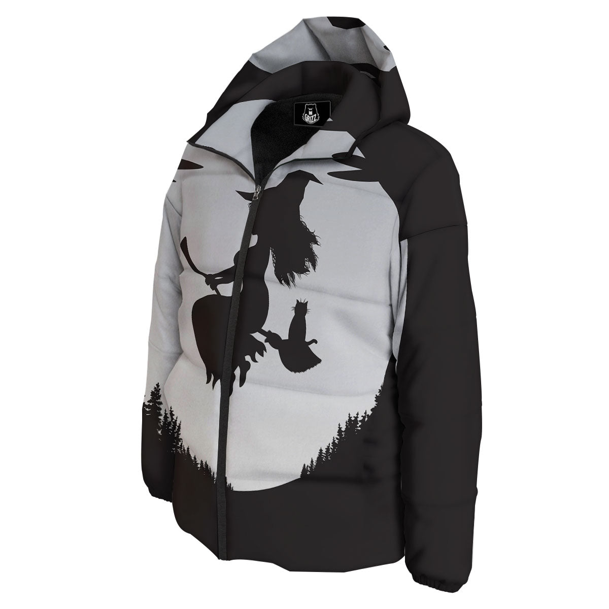 Flying Witch Cat Halloween Print Down Jacket-grizzshop