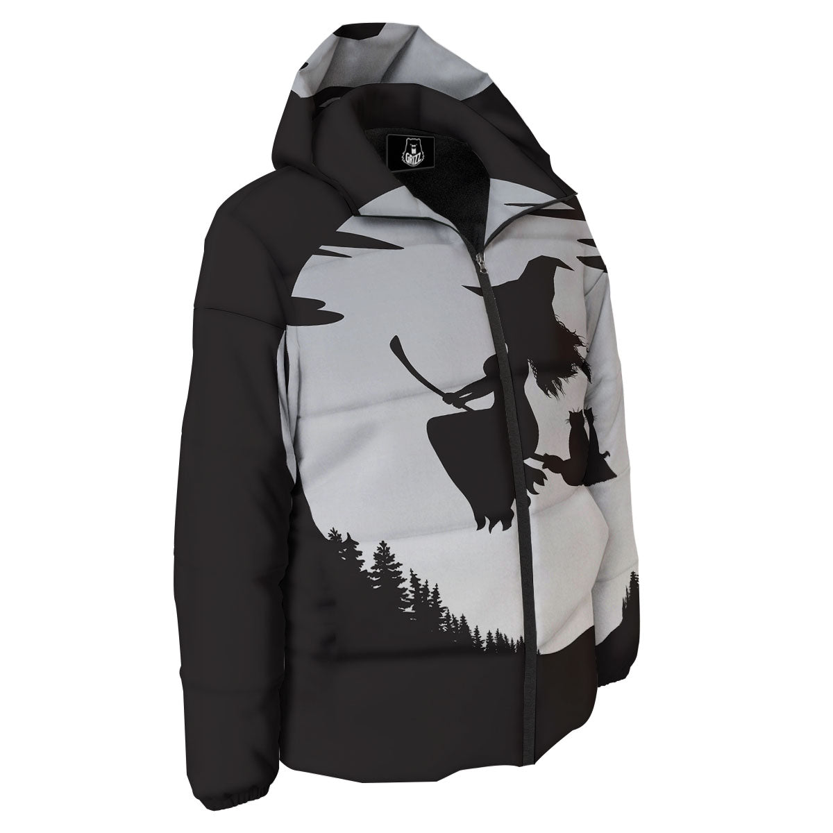 Flying Witch Cat Halloween Print Down Jacket-grizzshop