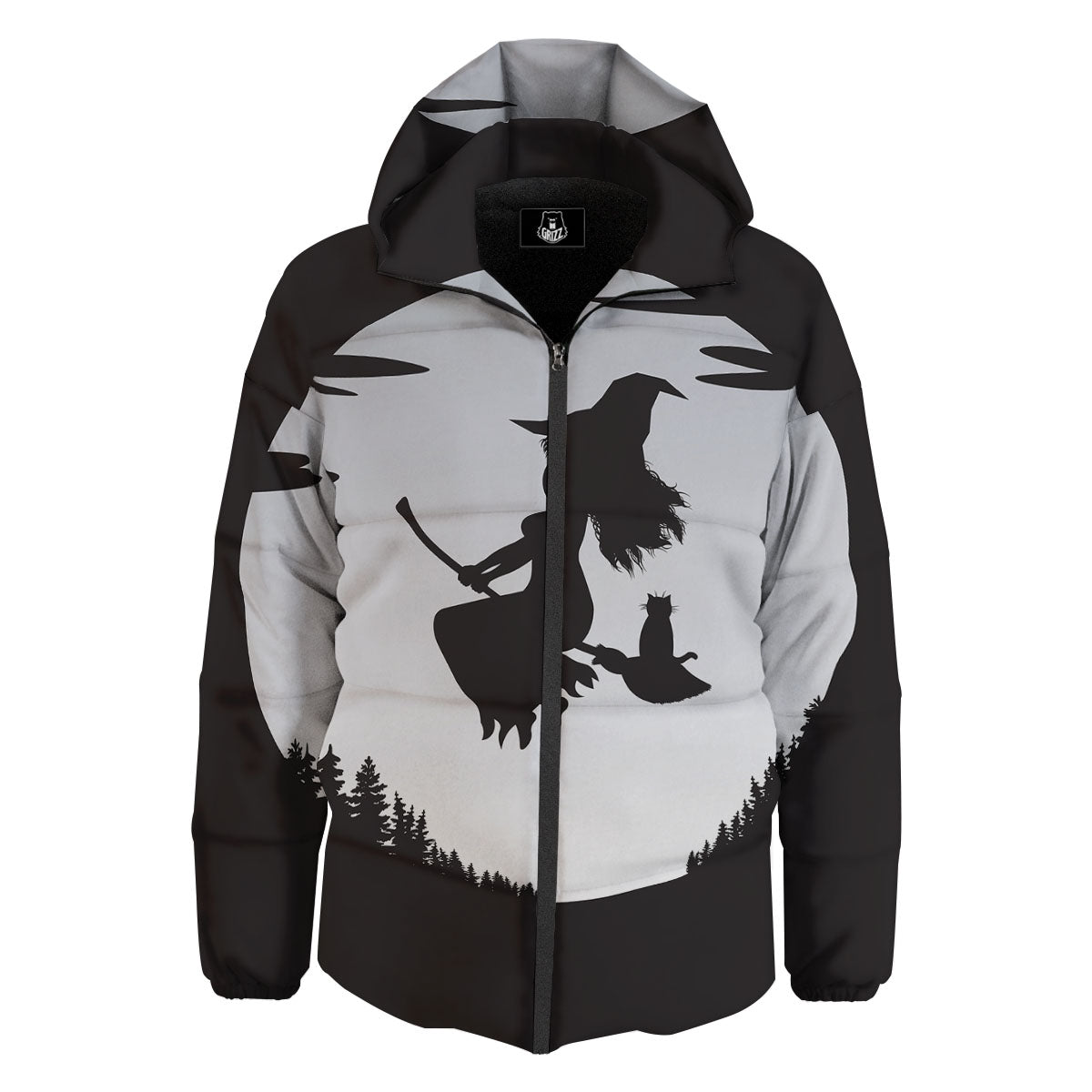 Flying Witch Cat Halloween Print Down Jacket-grizzshop