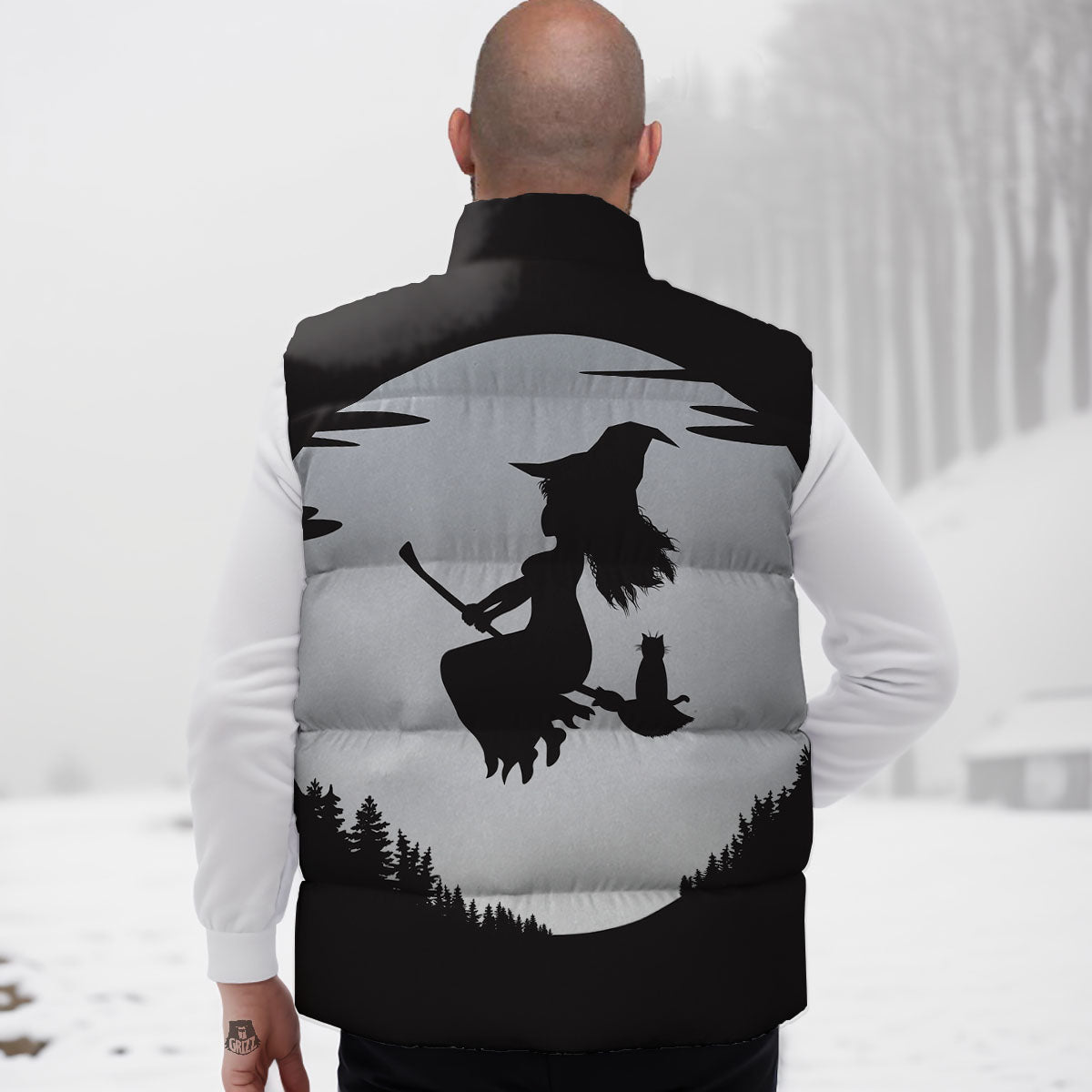 Flying Witch Cat Halloween Print Down Vest