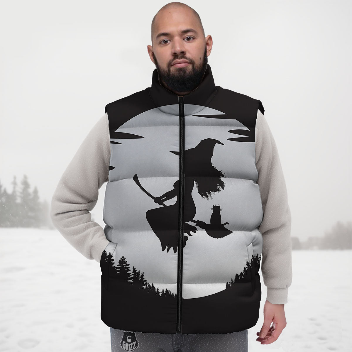 Flying Witch Cat Halloween Print Down Vest