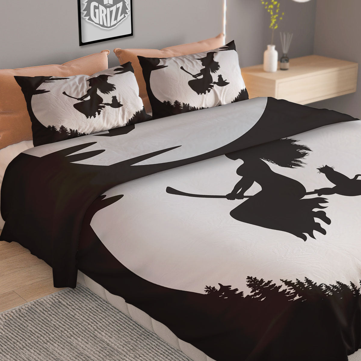 Flying Witch Cat Halloween Print Duvet Cover Bedding Set