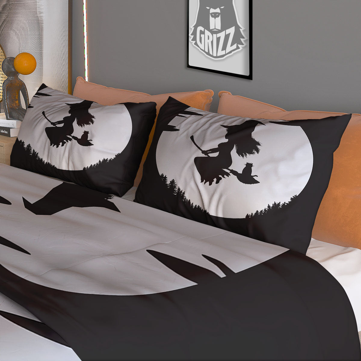Flying Witch Cat Halloween Print Duvet Cover Bedding Set