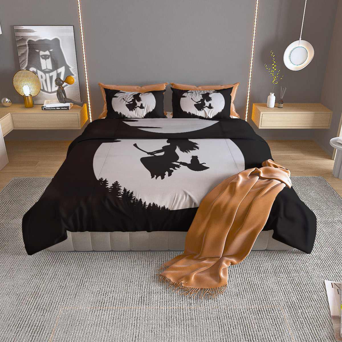Flying Witch Cat Halloween Print Duvet Cover Bedding Set
