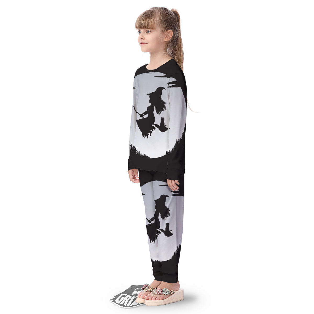 Flying Witch Cat Halloween Print Kid's Pajamas-grizzshop