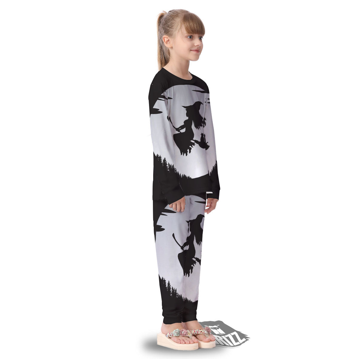 Flying Witch Cat Halloween Print Kid's Pajamas-grizzshop