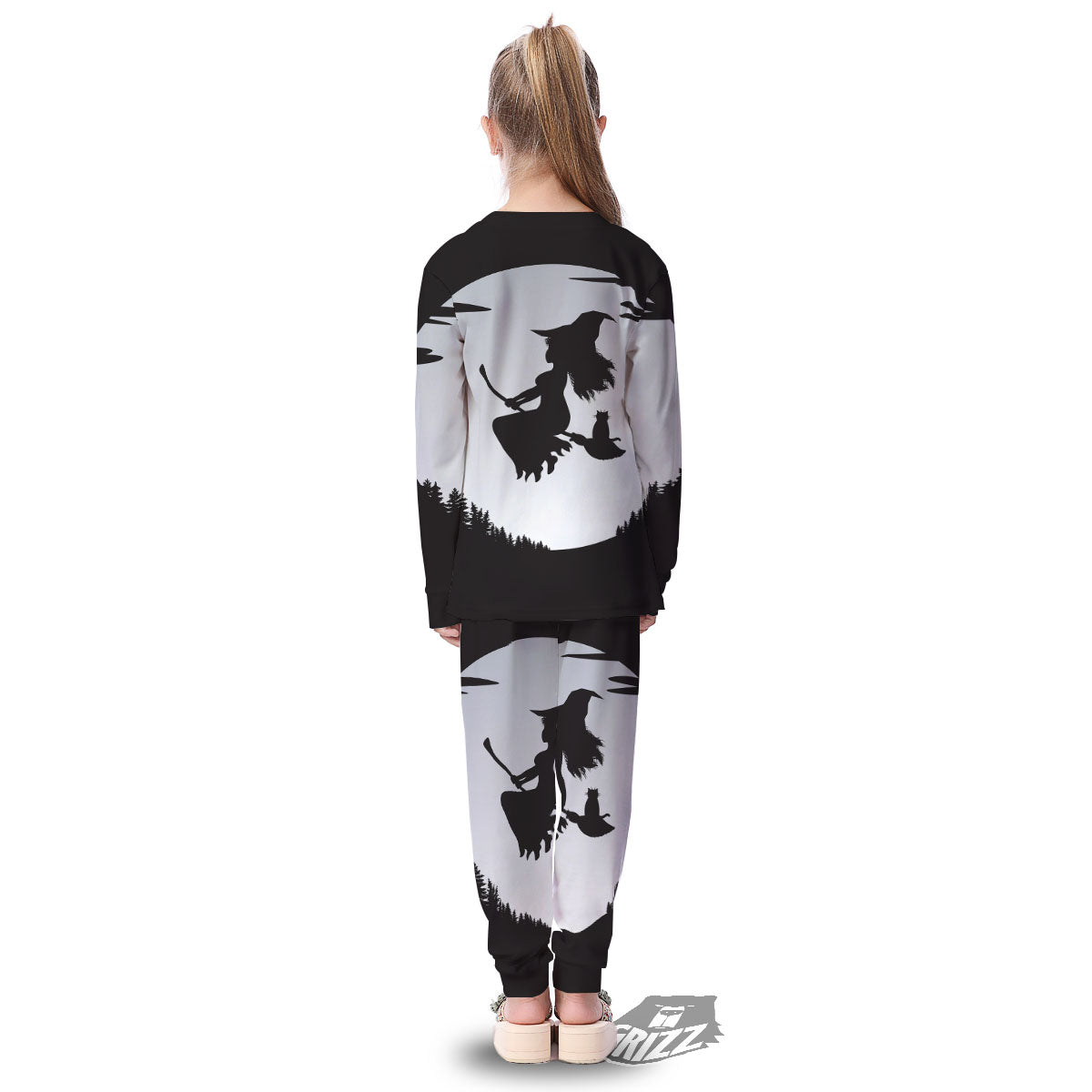 Flying Witch Cat Halloween Print Kid's Pajamas-grizzshop