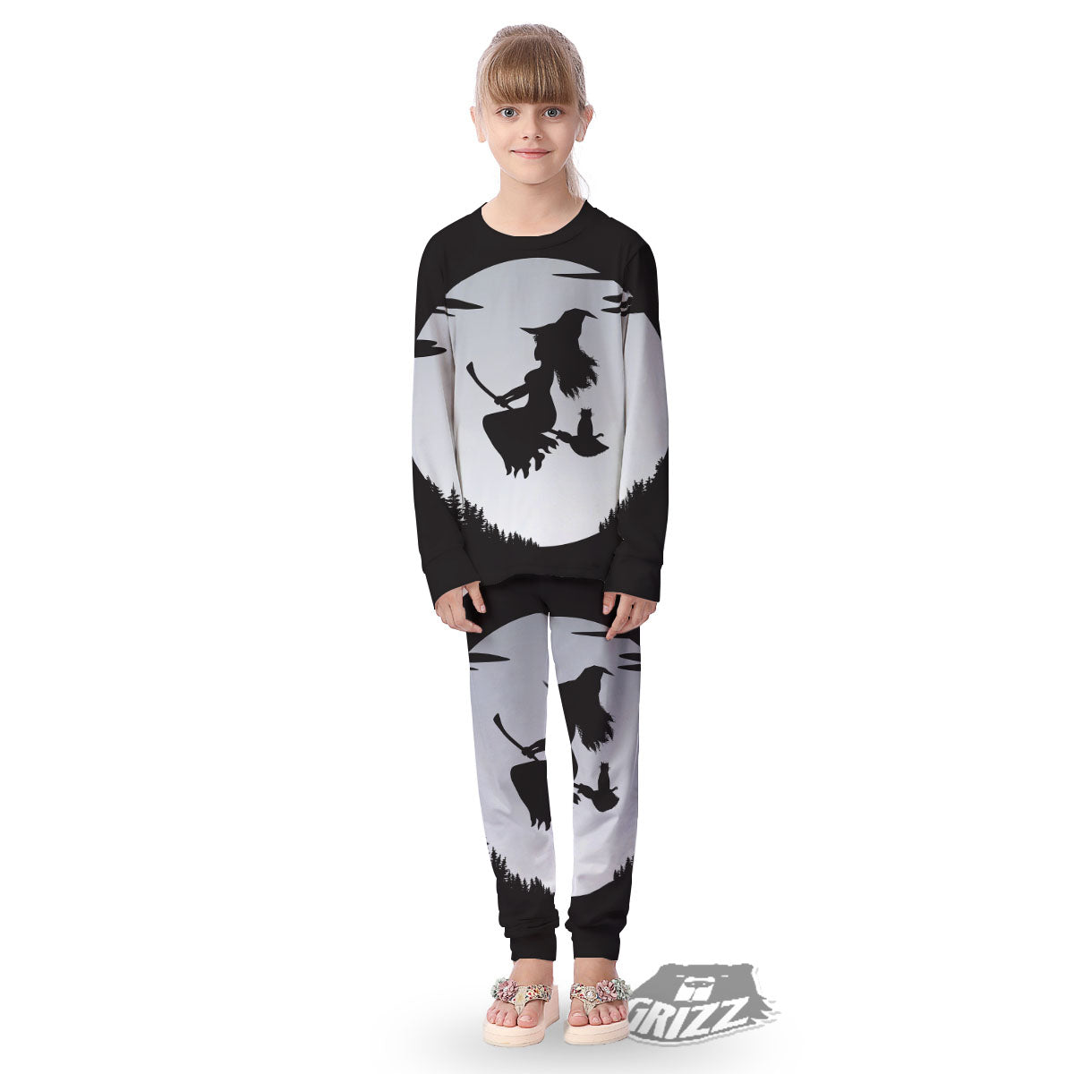 Flying Witch Cat Halloween Print Kid's Pajamas-grizzshop
