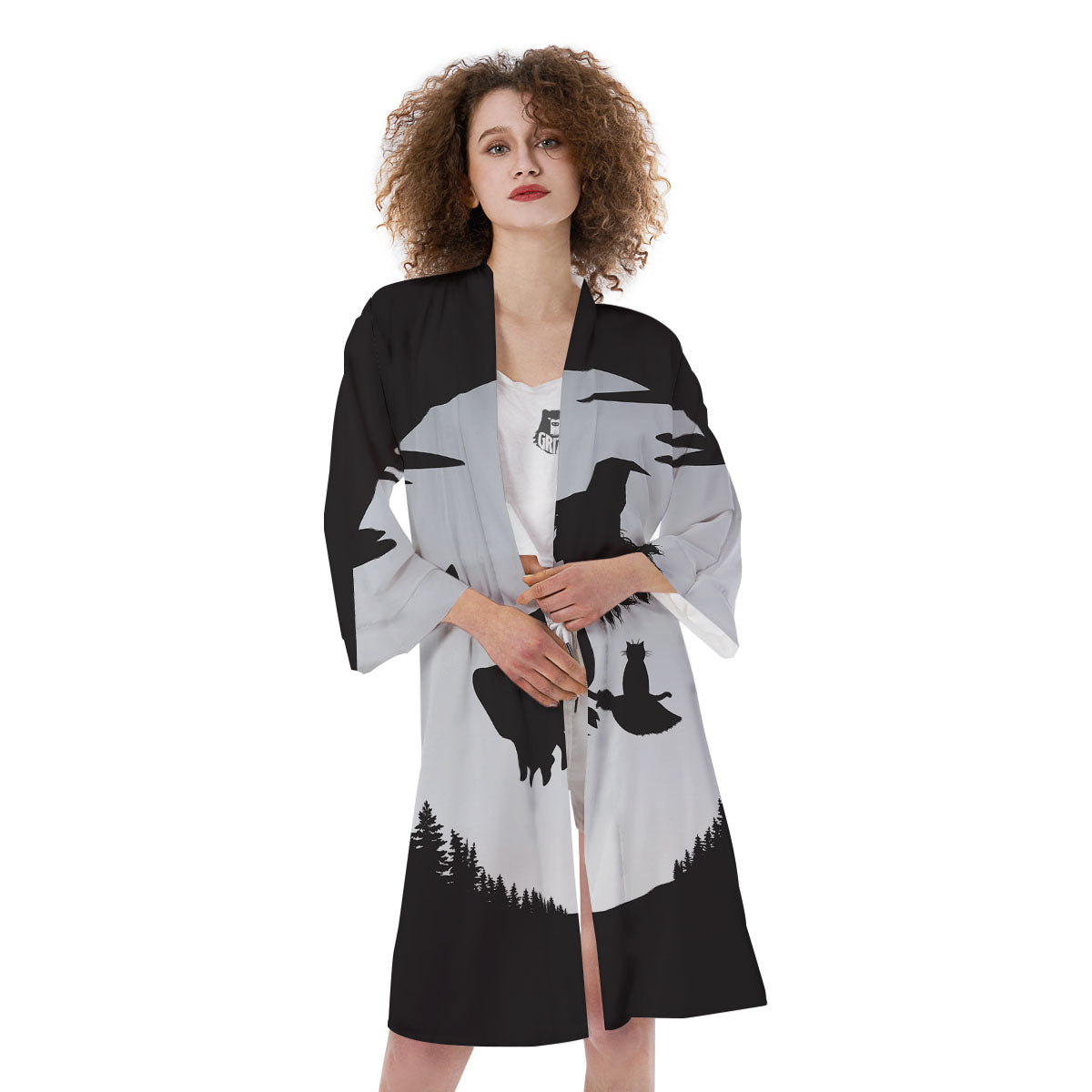 Flying Witch Cat Halloween Print Kimono-grizzshop