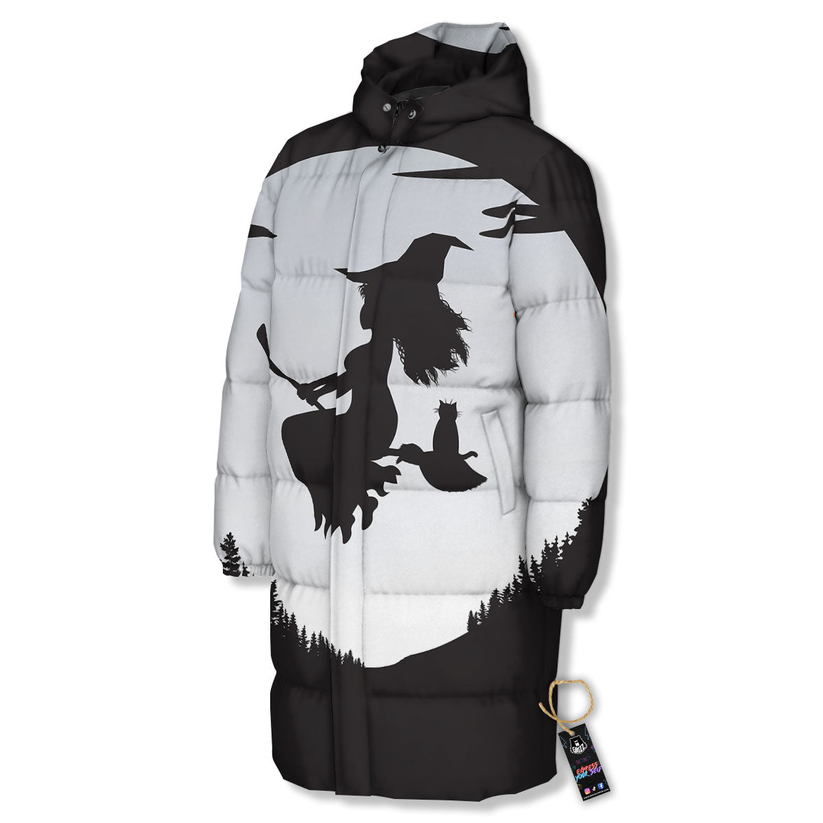 Flying Witch Cat Halloween Print Long Down Jacket-grizzshop