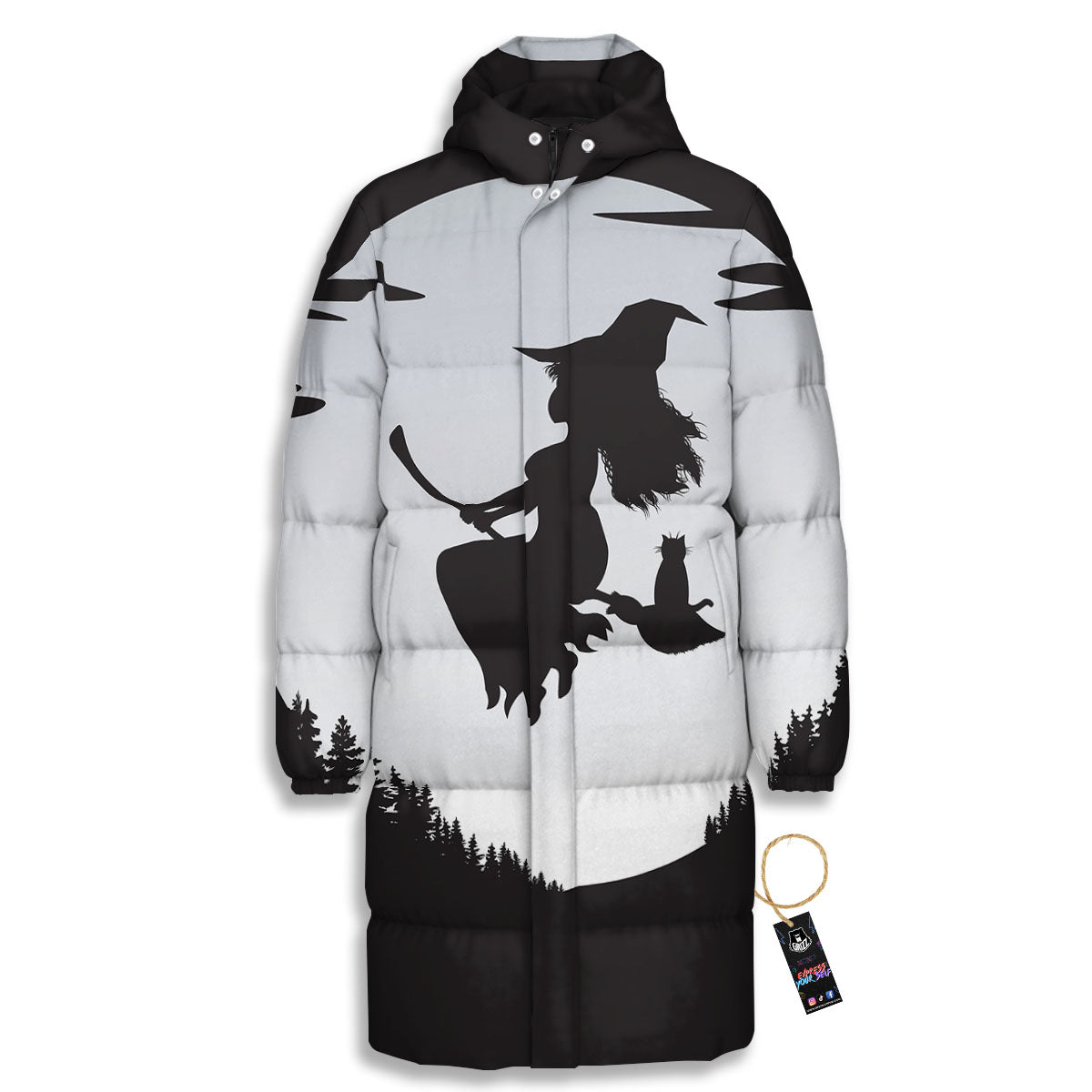 Flying Witch Cat Halloween Print Long Down Jacket-grizzshop