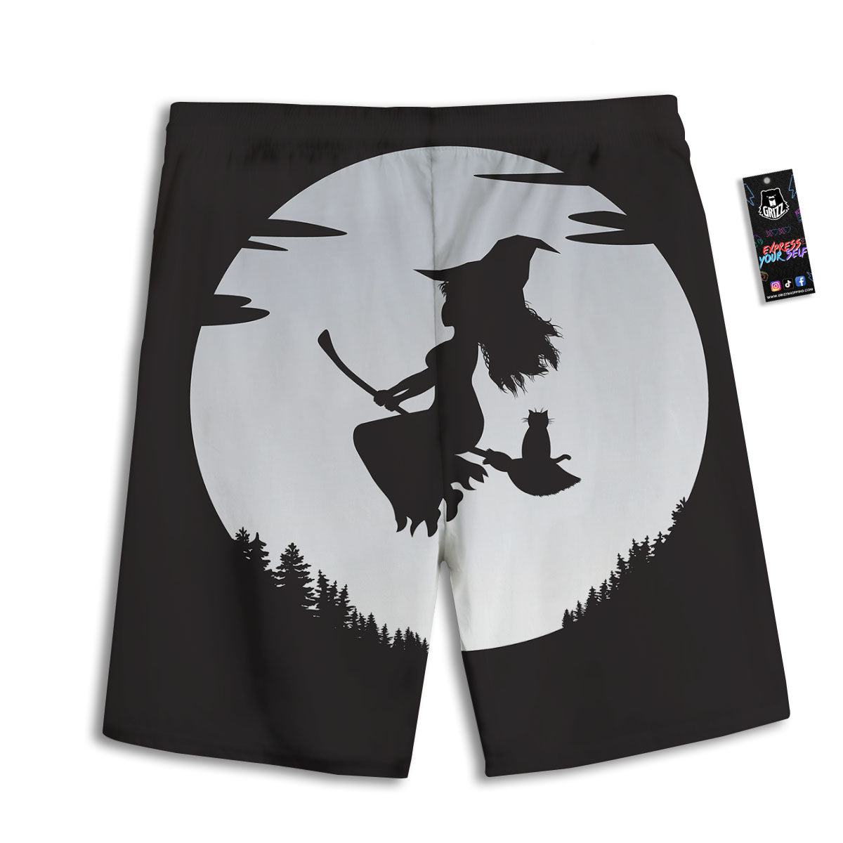 Flying Witch Cat Halloween Print Men's Athletic Shorts