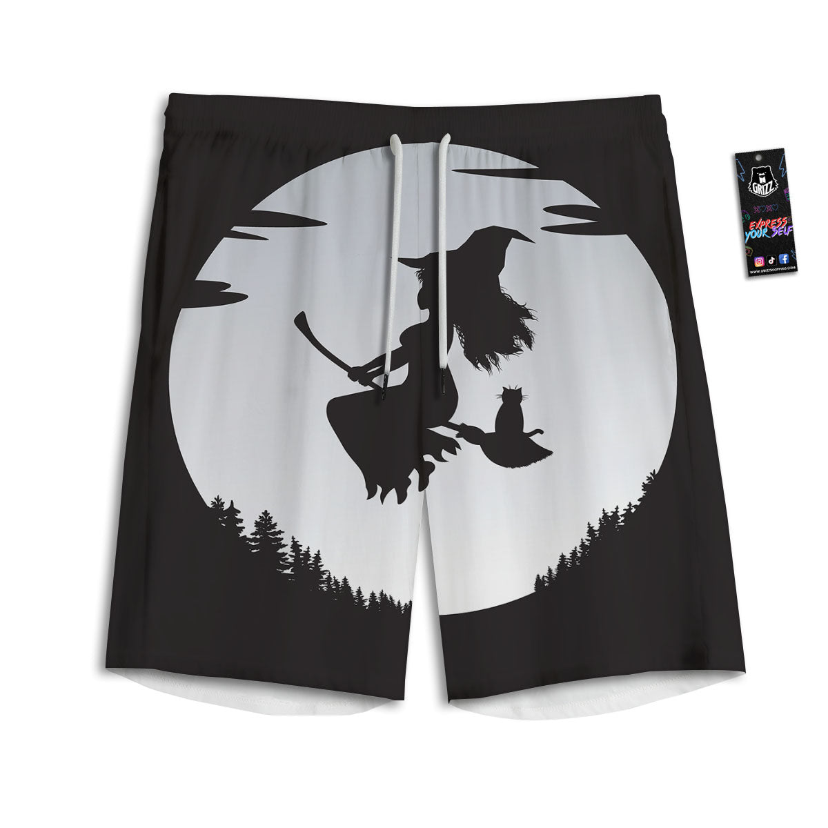 Flying Witch Cat Halloween Print Men's Athletic Shorts
