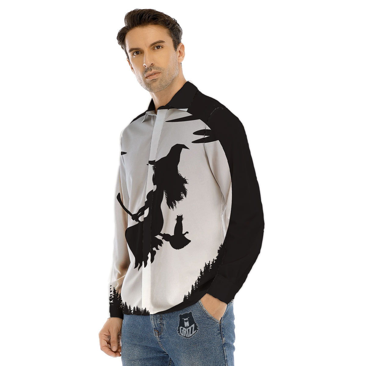 Flying Witch Cat Halloween Print Men's Dress Shirts-grizzshop