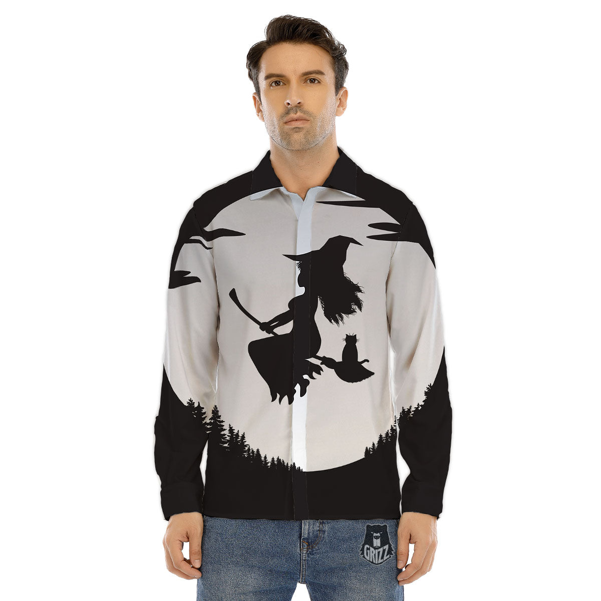 Flying Witch Cat Halloween Print Men's Dress Shirts-grizzshop