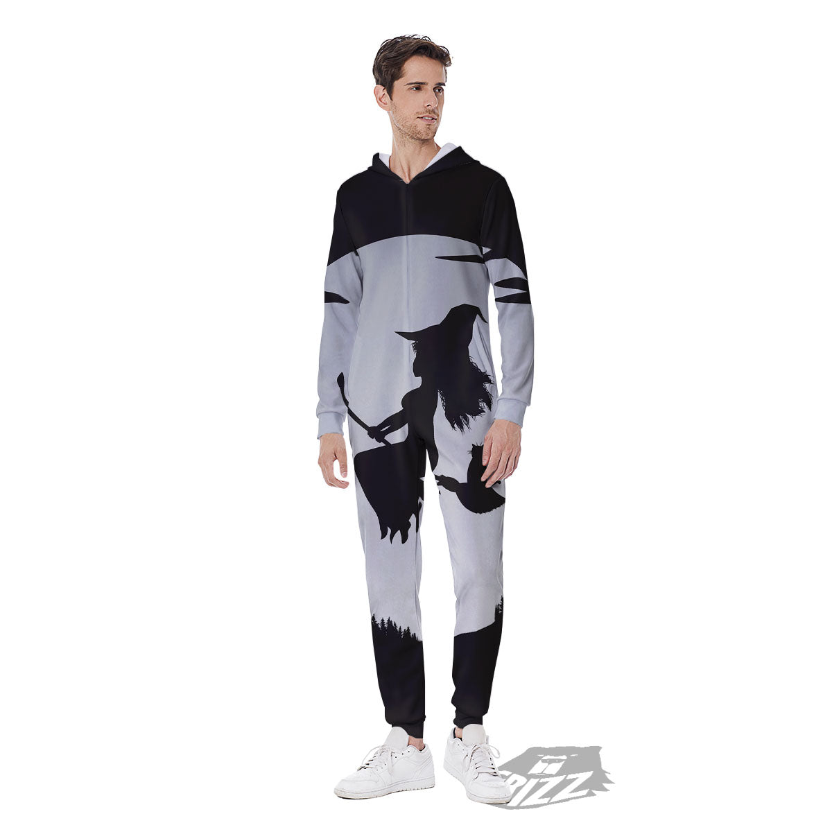 Flying Witch Cat Halloween Print Men's Jumpsuit-grizzshop