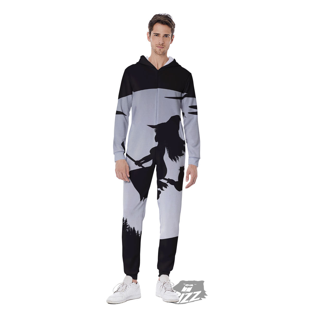 Flying Witch Cat Halloween Print Men's Jumpsuit-grizzshop