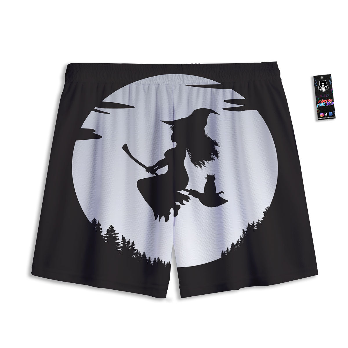 Flying Witch Cat Halloween Print Mesh Shorts