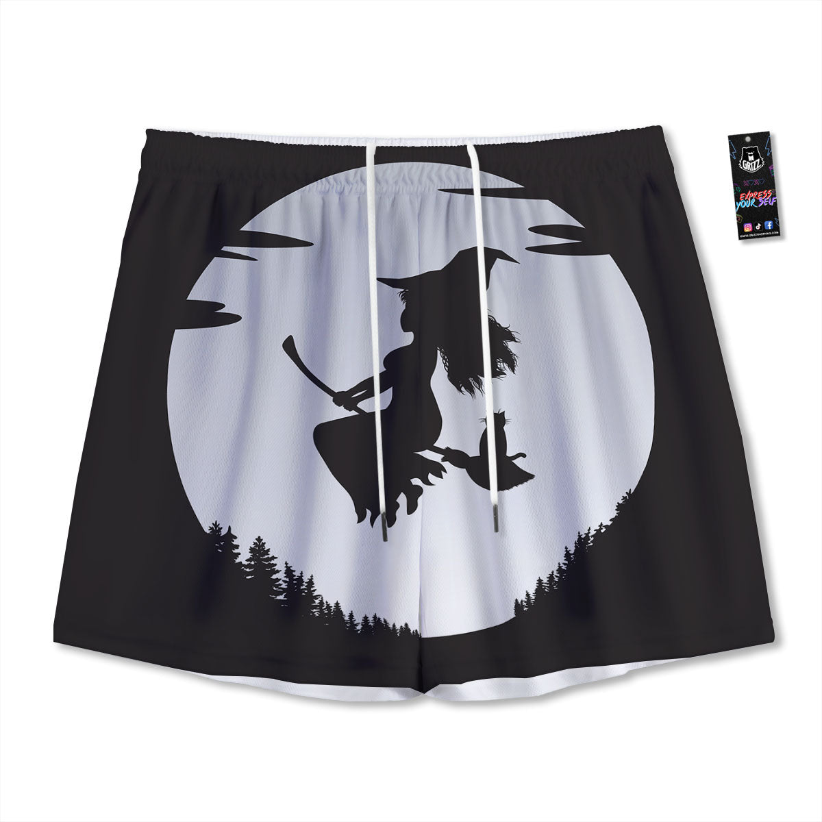 Flying Witch Cat Halloween Print Mesh Shorts
