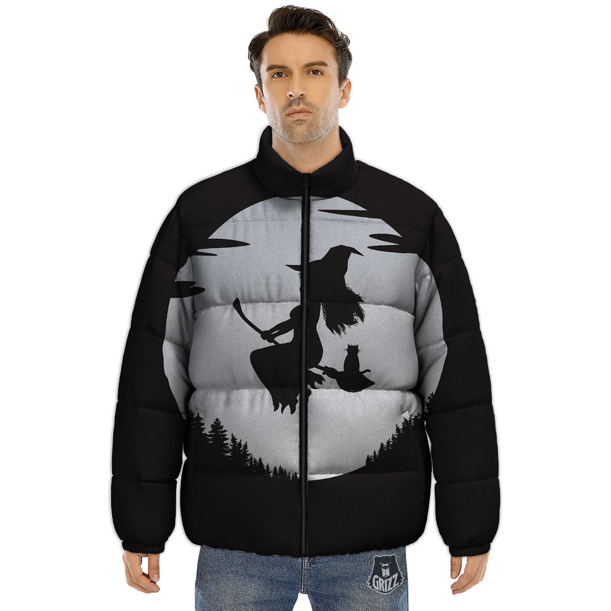 Flying Witch Cat Halloween Print Puffer Jacket-grizzshop