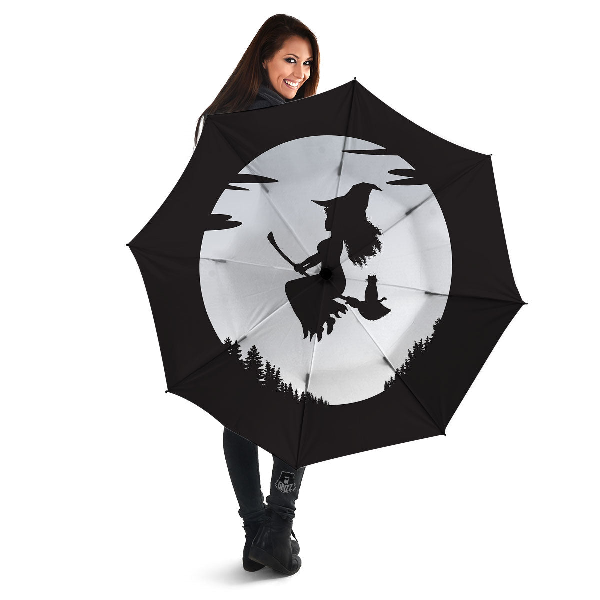 Flying Witch Cat Halloween Print Umbrella-grizzshop